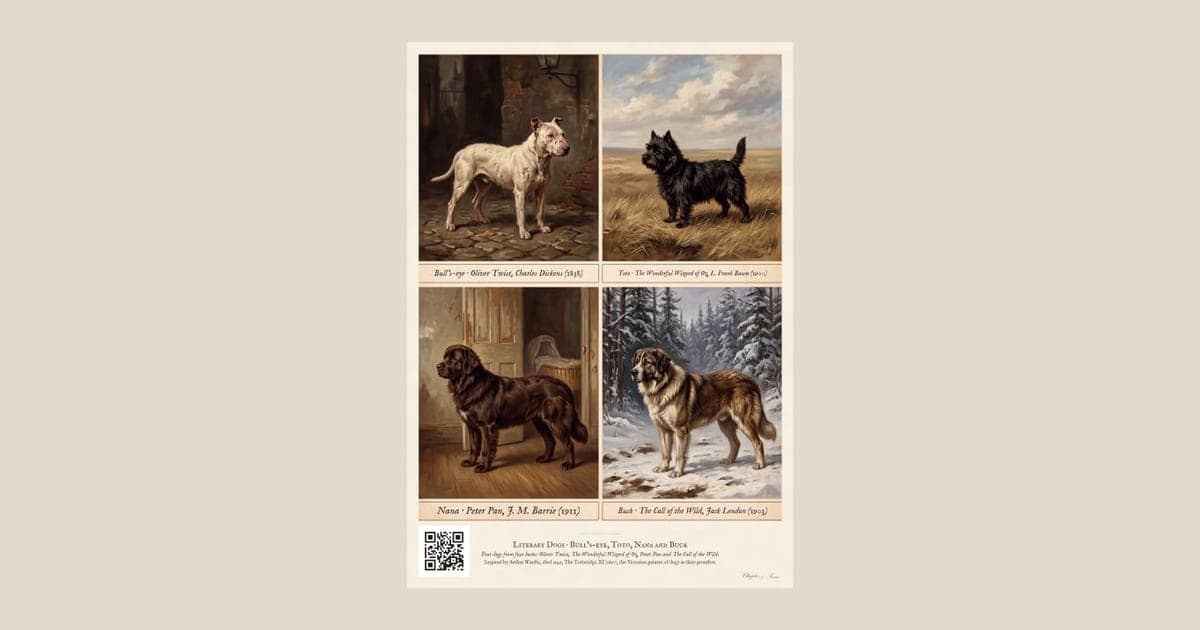 Literary Dogs print in the style of a Victorian dog portrait: four vintage breed plates of Bull's-eye, Toto, Nana and Buck, each labelled with its dog's name, its book and author, on cream paper.