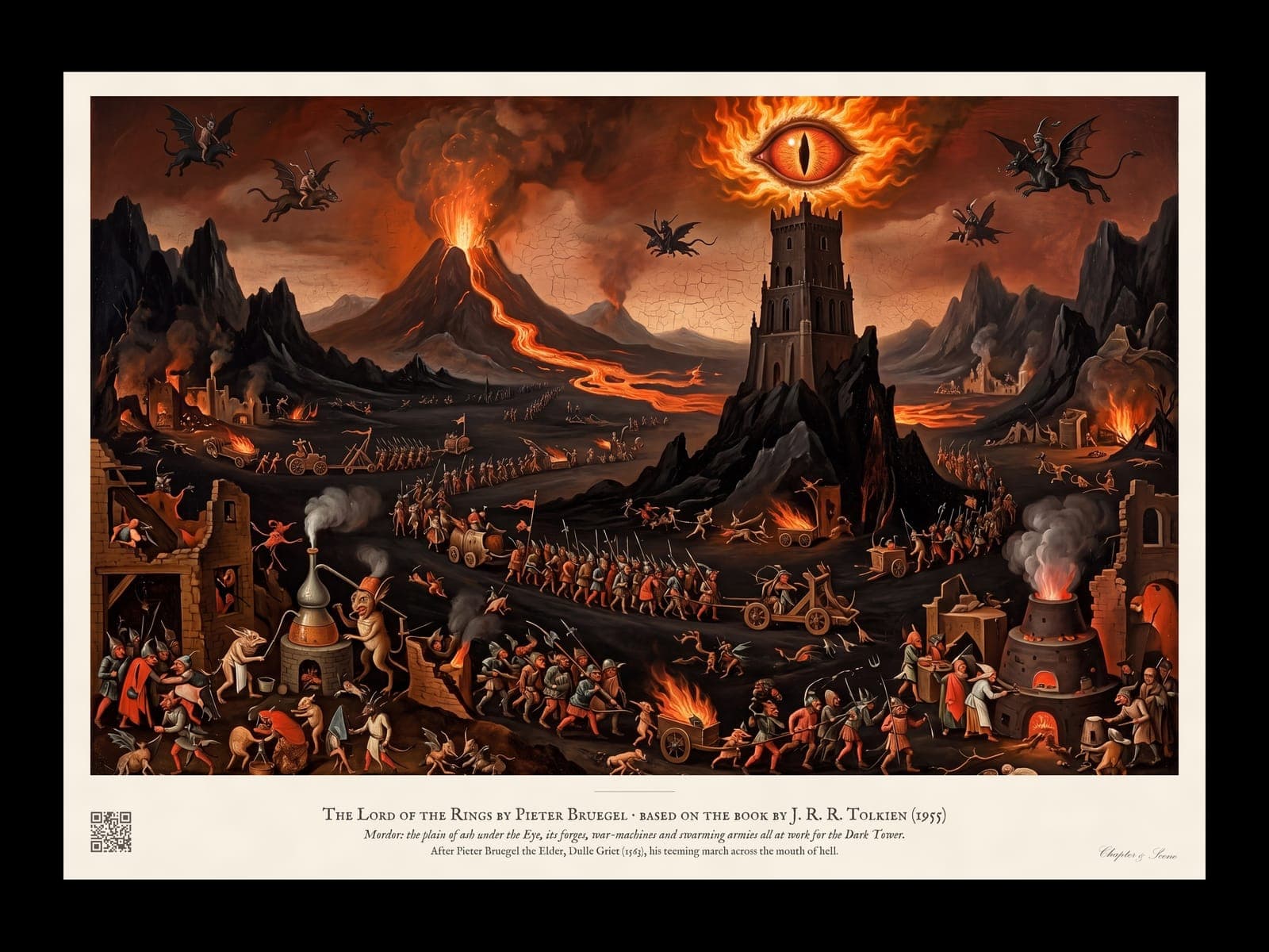 Mordor art print in the style of Pieter Bruegel: a black smoking plain under a fire-lit sky, Mount Doom erupting, the dark tower of Barad-dur under a flaming eye and crowds of tiny orcs, siege towers and winged Nazgul.