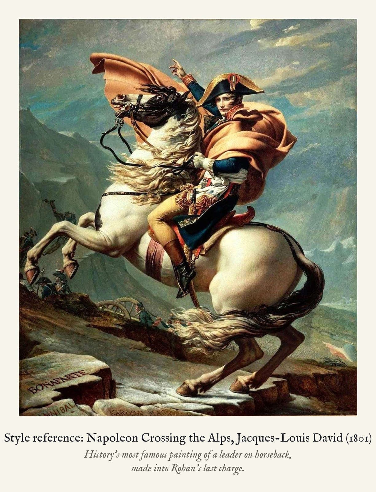 Style reference: Napoleon Crossing the Alps, Jacques-Louis David (1801). History's most famous painting of a leader on horseback, made into Rohan's last charge.