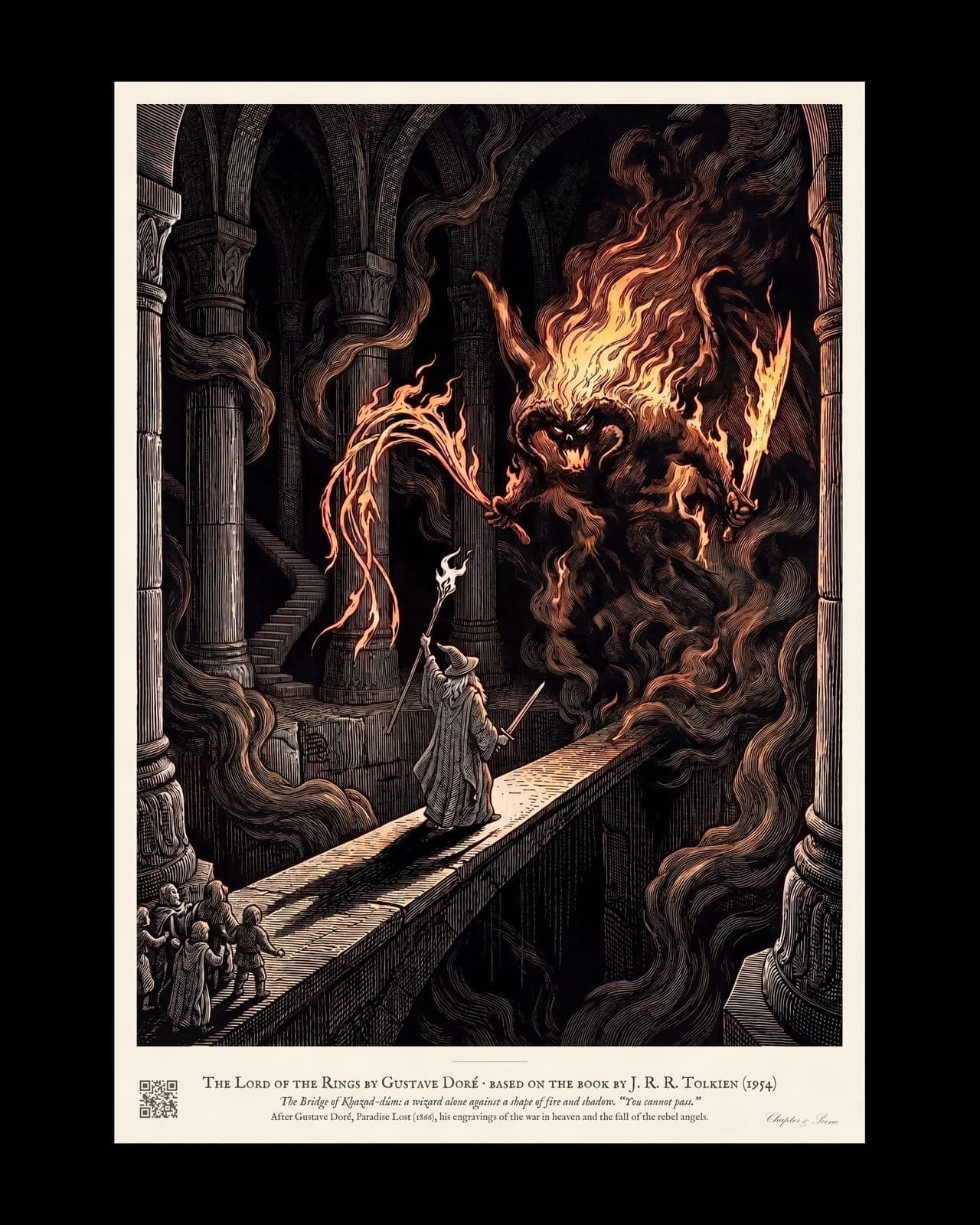 Gandalf and the Balrog art print in the style of a Dore engraving: a lone grey-cloaked wizard with a staff and a sword on a narrow railless bridge over a chasm, facing a towering shape of shadow and fire in a vast hall of pillars.