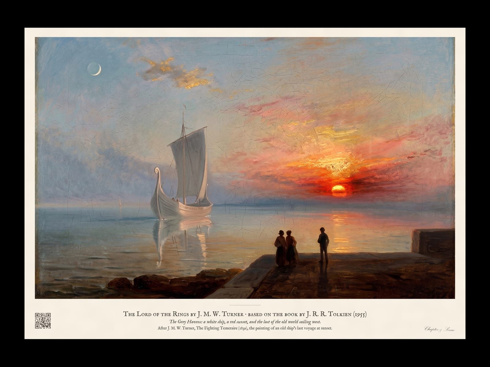 Lord of the Rings Grey Havens art print in the style of Turner: a tall white elven ship sailing away down a calm river-mouth into a red and gold sunset, a thin moon above and small figures watching from a dark shore.