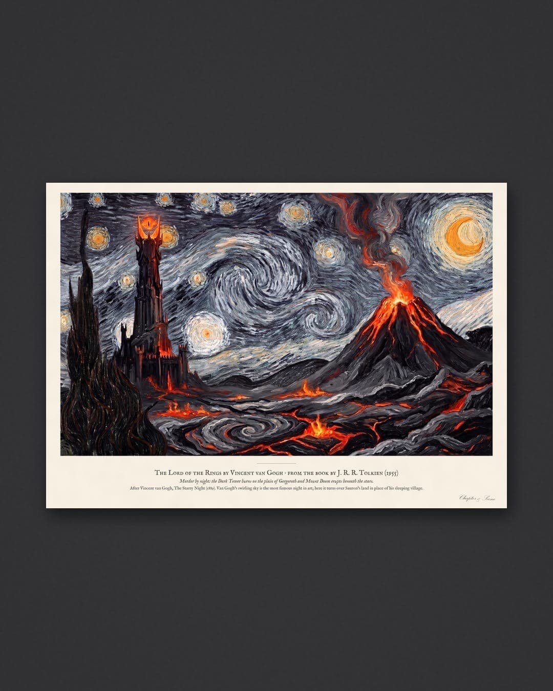 Lord of the Rings by Van Gogh art print: The Starry Night over Mordor in swirling black, grey and orange, the Dark Tower with a fiery eye on the left and Mount Doom erupting on the right under a crescent moon. Shown framed in black, white or natural oak and unframed, with the style reference and behind-the-scenes shots.