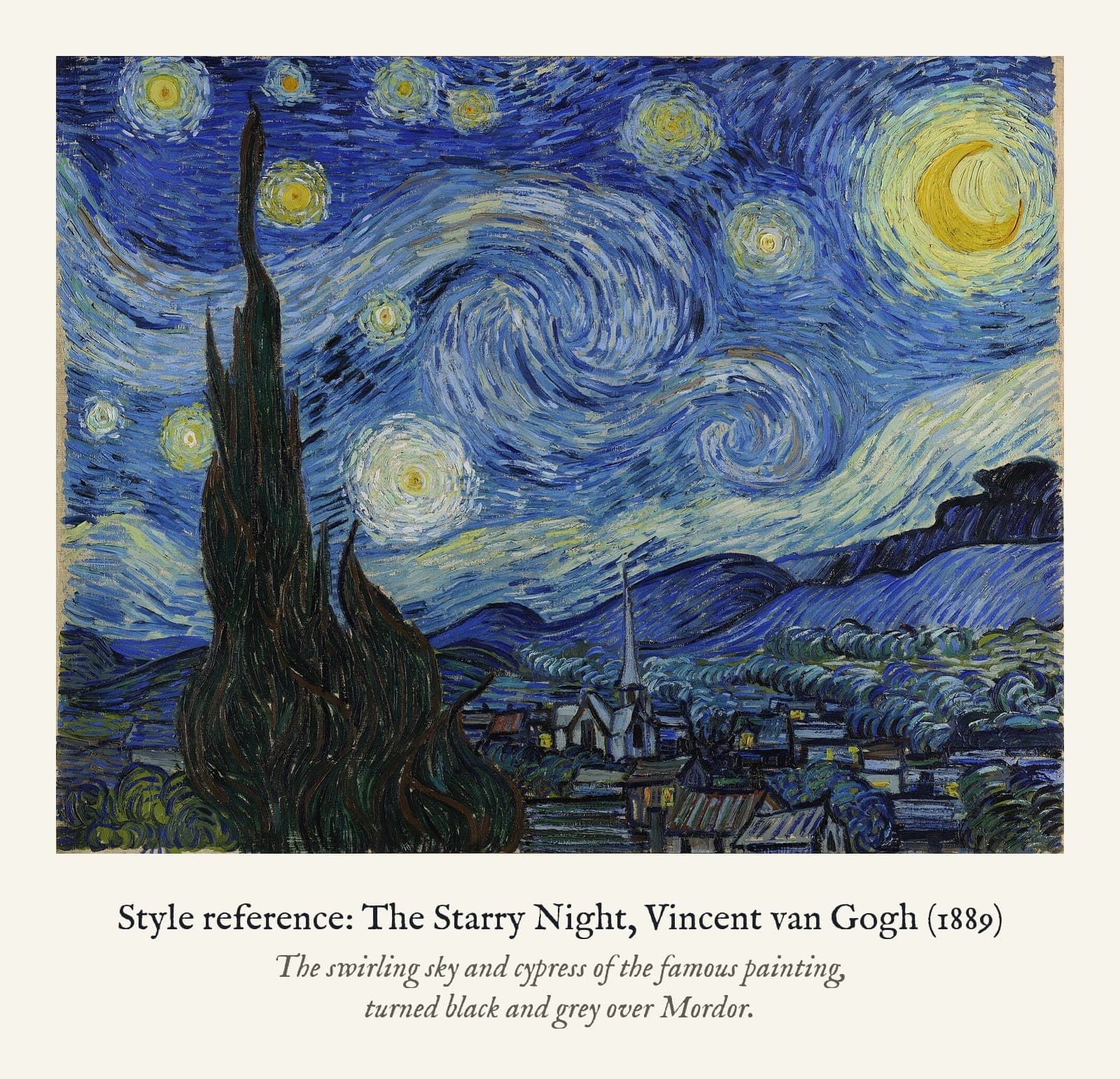 Style reference: The Starry Night, Vincent van Gogh (1889). The swirling sky and cypress of the famous painting, turned black and grey over Mordor.
