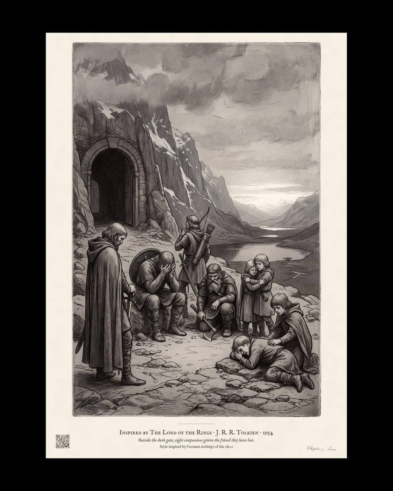 Lord of the Rings inspired art print of the Fellowship grieving on a bare mountainside after leaving Moria, in the style of an 1890s German etching and aquatint: dark bitten line, soft grey tone and cold overcast light. Eight figures sit apart in their grief above a long valley. Shown framed in black, white and natural oak and unframed, A4 and A3, with the Chapter & Scene signature in the margin.