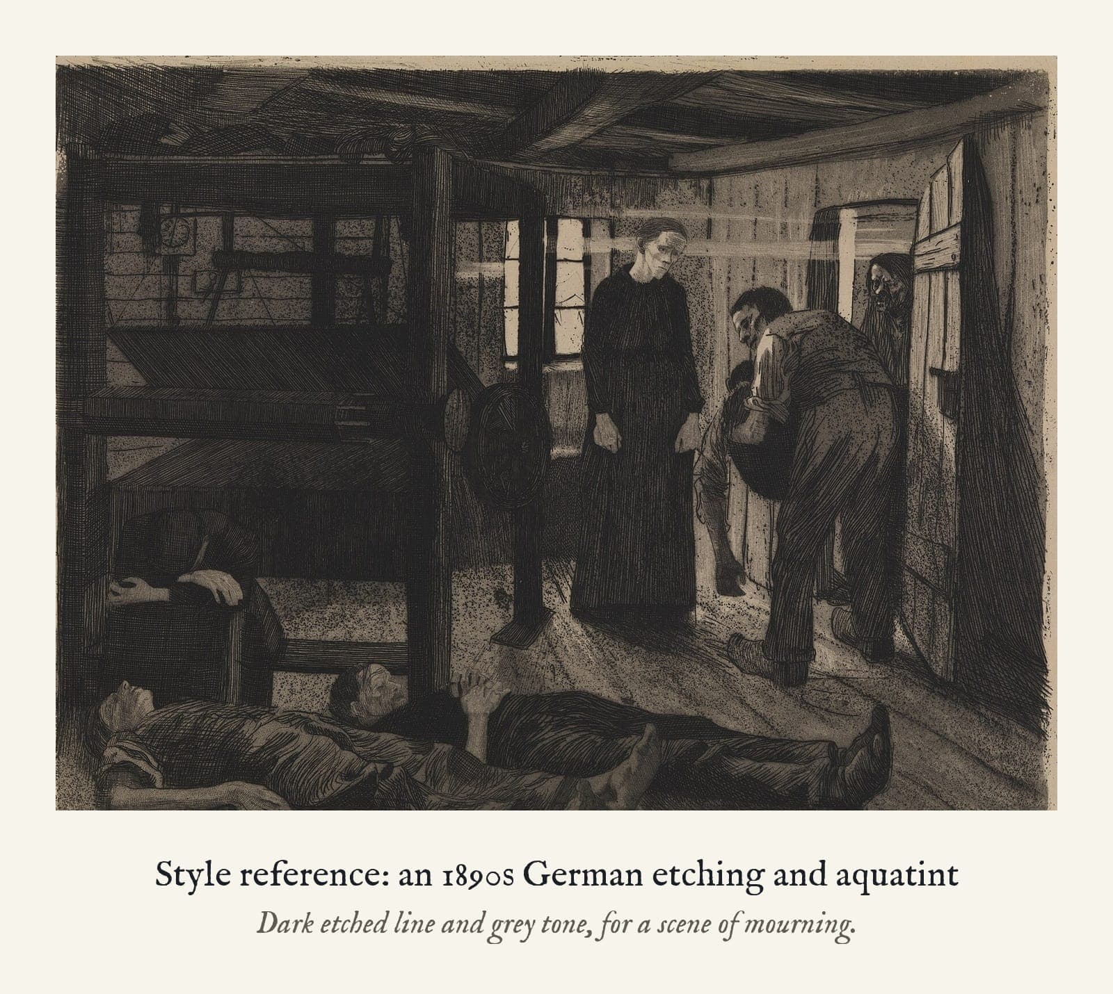 Style reference: an 1890s German etching and aquatint. Dark etched line and grey tone, for a scene of mourning.