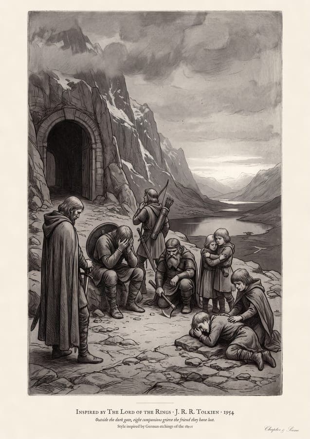 Grief after Moria, an art print inspired by The Fellowship of the Ring
