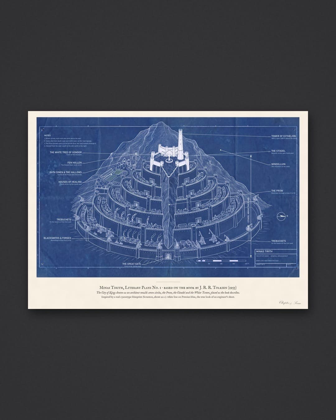 Lord of the Rings inspired art print of Minas Tirith drawn as an architect's plan in the style of an old cyanotype blueprint: fine white lines on deep Prussian blue show the seven walled circles climbing the mountain, the keel of rock, the Citadel and the White Tower, with typeset labels, a scale bar and a title block. Shown framed in black, white and natural oak and unframed, A4 and A3.