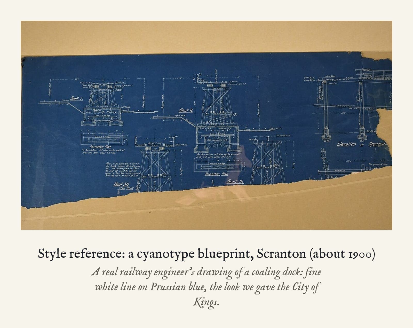 Style reference: a cyanotype blueprint, Scranton (about 1900). A real railway engineer's drawing of a coaling dock: fine white line on Prussian blue, the look we gave the City of Kings.