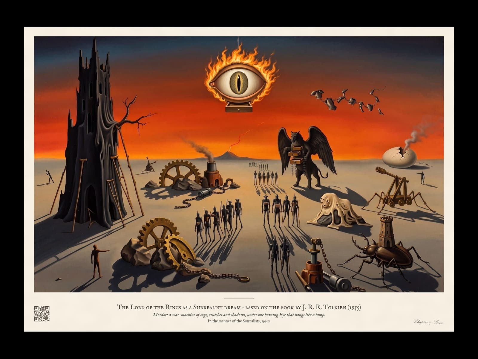 Surrealist Mordor art print: a vast plain under a burnt-orange sky, the tower of Barad-dur melting on crutches beneath a flaming eye, long thin orcs with enormous shadows and half-melted brass cogs and machines.