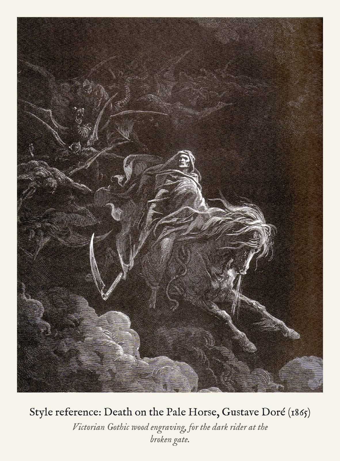 Style reference: Death on the Pale Horse, Gustave Doré (1865). Victorian Gothic wood engraving, for the dark rider at the broken gate.