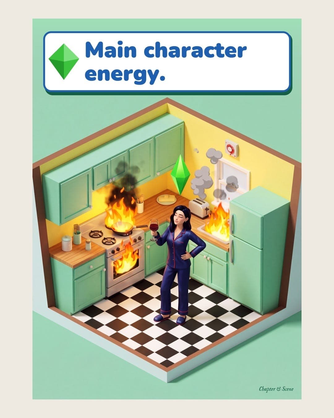 Main character energy funny kitchen print in bright life-sim game style: a calm woman in navy pyjamas holds a glass of red wine while her mint and lemon kitchen burns around her. Shown framed in black, white or natural oak and unframed, with behind-the-scenes shots.