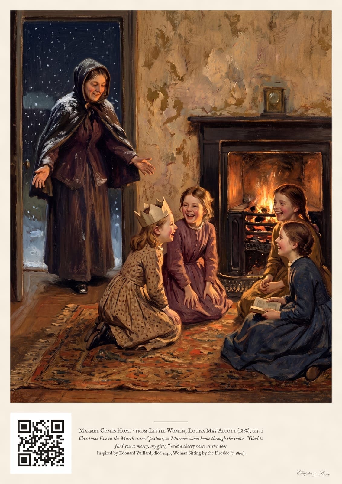 Little Women art print in soft painted firelight: four sisters on the rug of a shabby parlour on Christmas Eve as their mother, in her cloak and snow, opens her arms in the doorway.