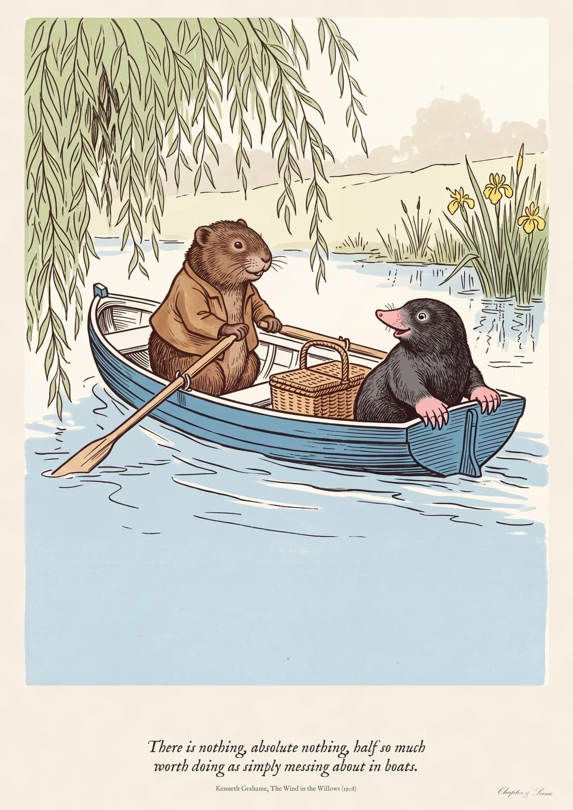 Wind in the Willows nursery art print in the style of a Victorian colour wood engraving: the Water Rat rowing Mole in a small boat along a sunny river under willow trees, with the quote about messing about in boats typeset in the cream border below. Shown framed in black, white and natural oak and unframed, A4 and A3.