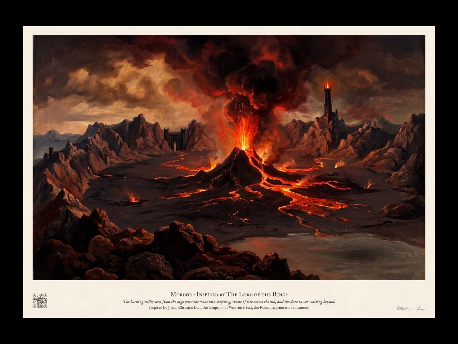 Mordor art print in the style of a Romantic volcano painting: Mount Doom erupting with rivers of lava across a black ash plain, a dark gate between jagged mountains and a tall tower with a burning crown under a smoky red and brown sky.