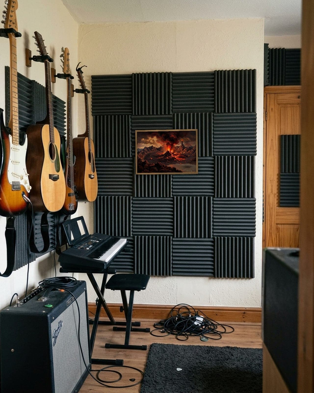 Mordor: The Burning Valley: Natural oak frame, A3, music room with guitars, full bleed