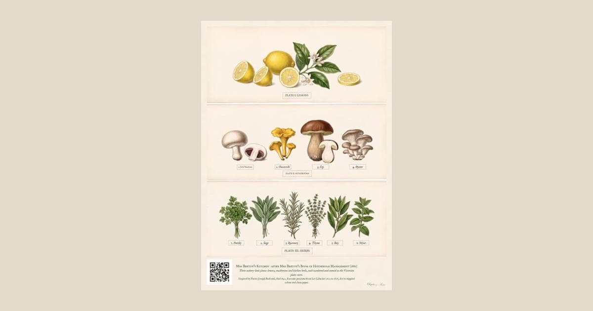 Set of three Mrs Beeton style kitchen prints in a botanical stipple engraving: Plate I Lemons, Plate II Mushrooms and Plate III Herbs, each a fine dotted illustration on cream paper with a numbered caption.