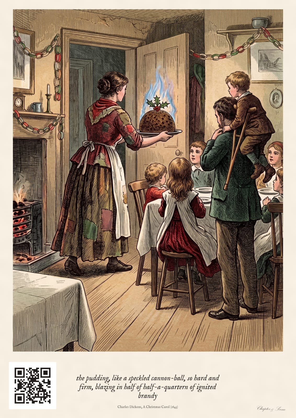 Christmas pudding print in the style of a Victorian engraving with a warm flame-coloured wash: Mrs Cratchit carrying in the blazing pudding to the family table, with the line from A Christmas Carol beneath.