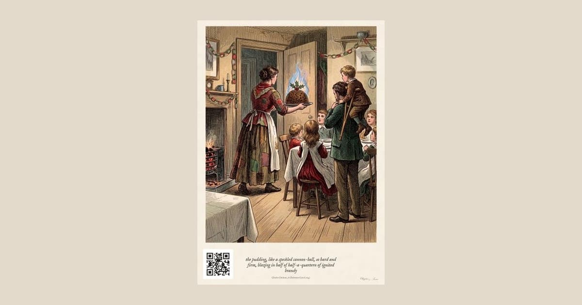 Christmas pudding print in the style of a Victorian engraving with a warm flame-coloured wash: Mrs Cratchit carrying in the blazing pudding to the family table, with the line from A Christmas Carol beneath.