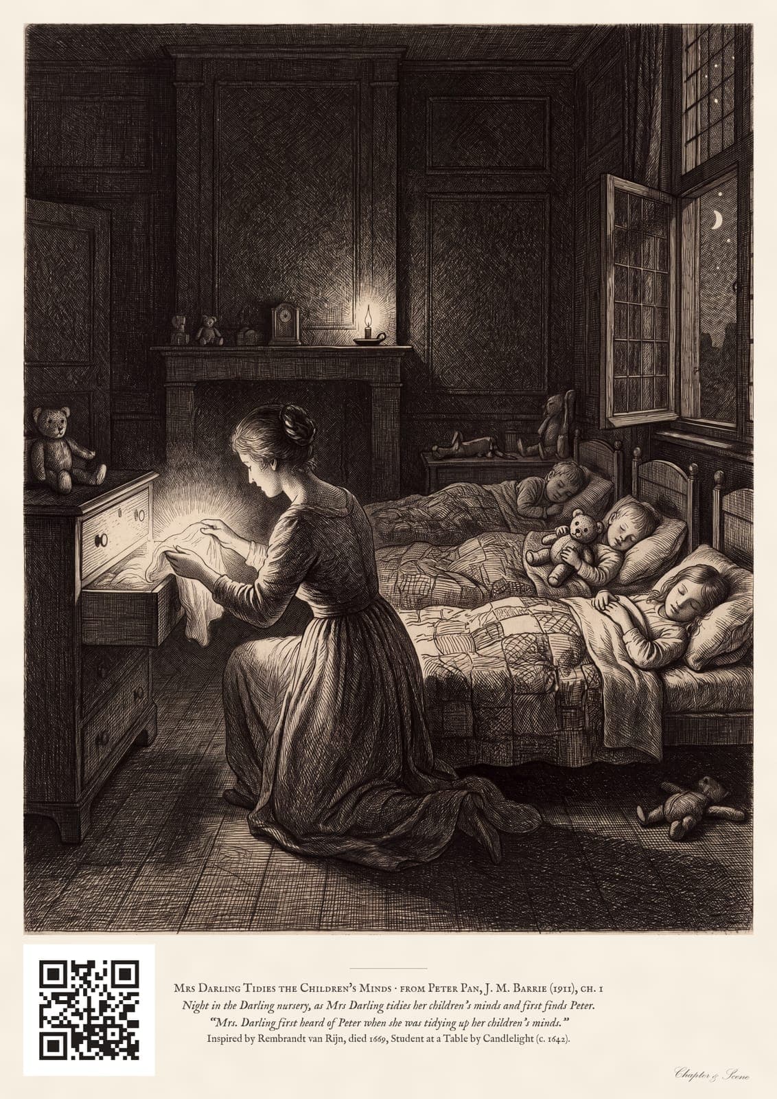 Peter Pan art print in etched lines with soft aquatint: a nursery at night with three children asleep and Mrs Darling kneeling between the beds, tidying their minds, a single warm nightlight glowing.