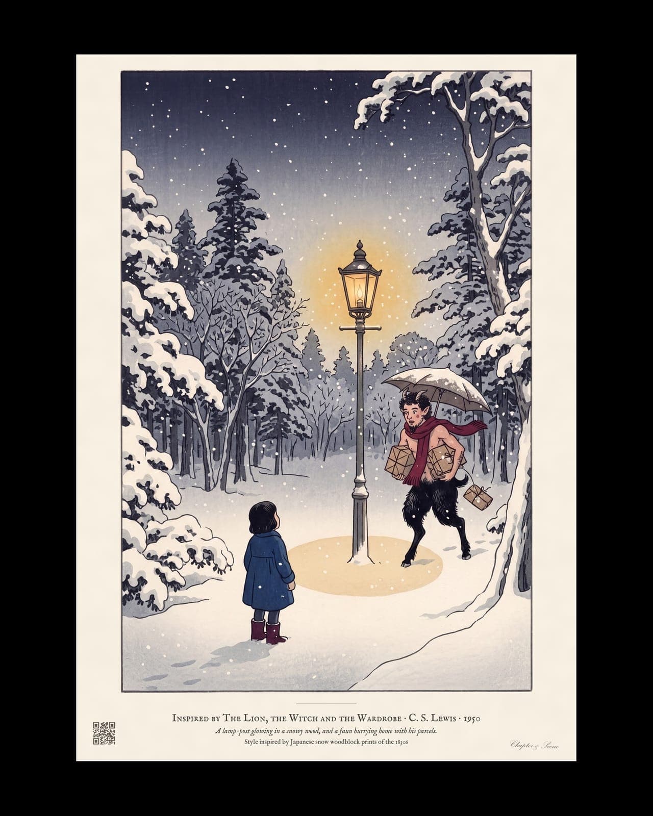 Narnia inspired art print in Japanese snow woodblock style: a girl in a blue coat finds a glowing lamp-post in a snowy wood at night as a faun with an umbrella and parcels hurries towards her. Shown framed in black, white or natural oak and unframed, with the style reference and behind-the-scenes shots.