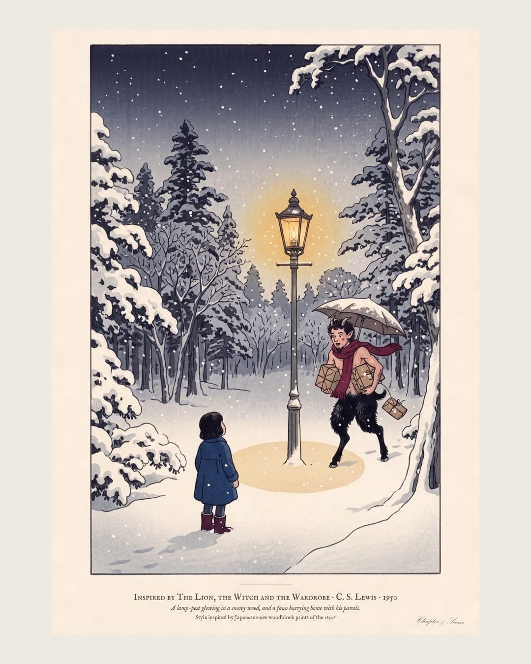 Narnia inspired art print in Japanese snow woodblock style: a girl in a blue coat finds a glowing lamp-post in a snowy wood at night as a faun with an umbrella and parcels hurries towards her. Shown framed in black, white or natural oak and unframed, with the style reference and behind-the-scenes shots.