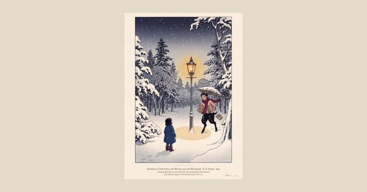 Narnia inspired art print in Japanese snow woodblock style: a girl in a blue coat finds a glowing lamp-post in a snowy wood at night as a faun with an umbrella and parcels hurries towards her. Shown framed in black, white or natural oak and unframed, with the style reference and behind-the-scenes shots.