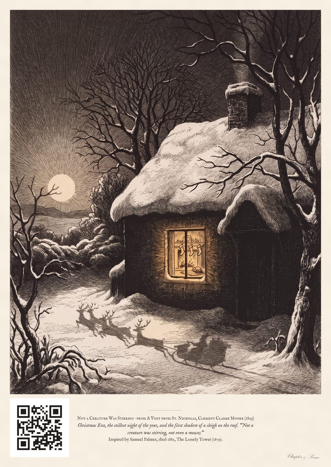 Twas the Night Before Christmas art print in wood-engraved moonlight: a snowy house with one lit window, stockings by a dying fire, a mouse asleep on the hearth and a sleigh's shadow on the roof above.