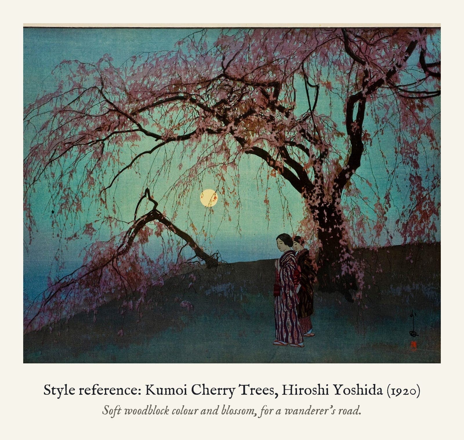 Style reference: Kumoi Cherry Trees, Hiroshi Yoshida (1920). Soft woodblock colour and blossom, for a wanderer’s road.