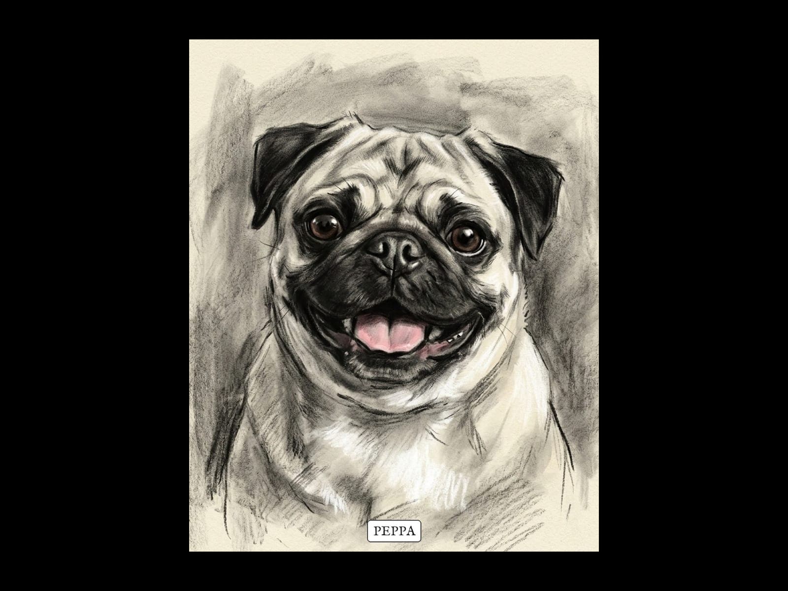 A personalised pet portrait print: a pug drawn in bold pop-art style on pink and blue, with the name Peppa on a small tag at the bottom.