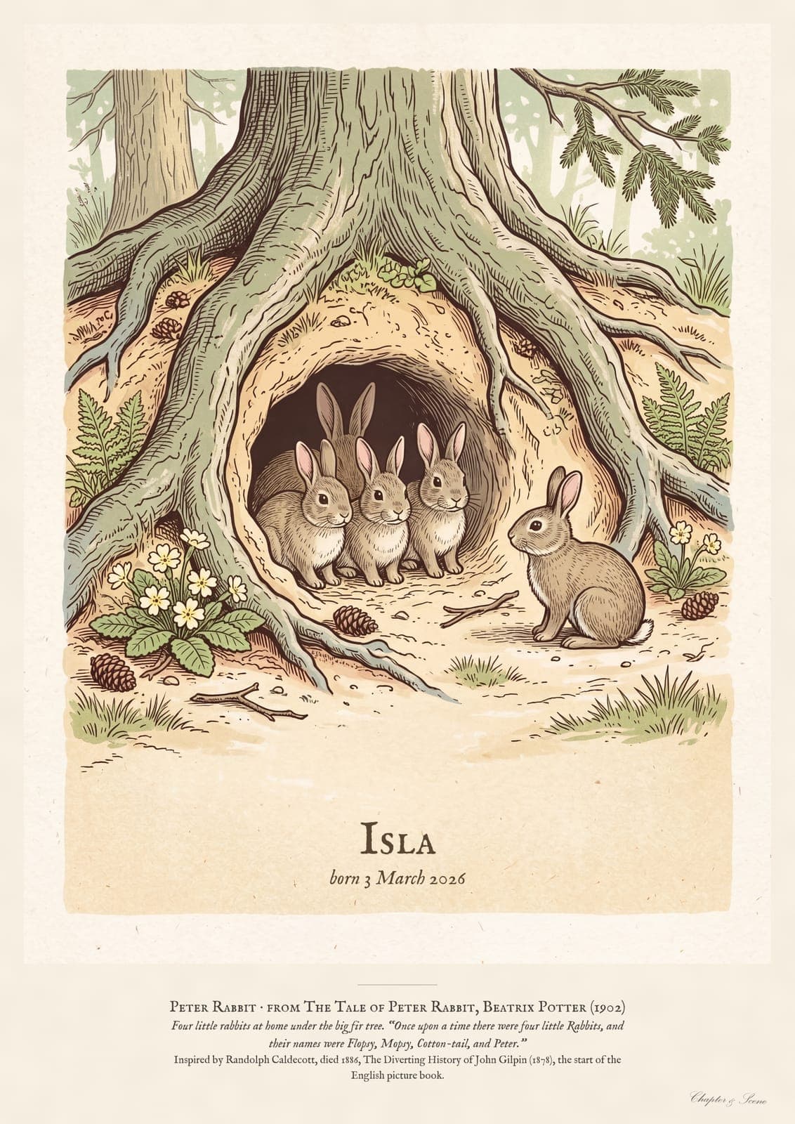 Personalised Peter Rabbit nursery print in the style of a Caldecott colour wood engraving: four little rabbits in a sand-bank under the root of a big fir tree, with the first line of the story and a band for the baby's name and date.