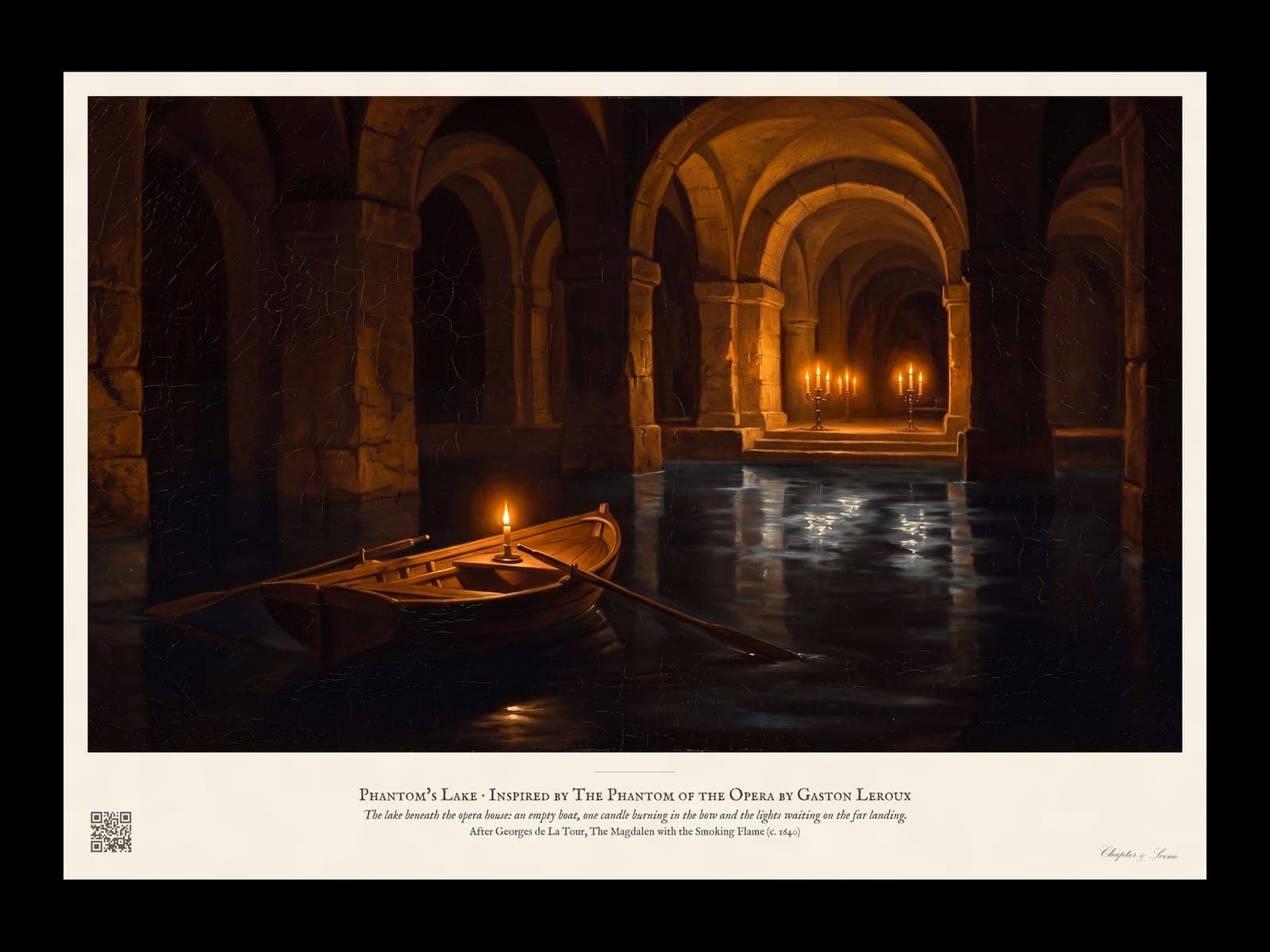 Phantom's Lake art print in the style of a Georges de La Tour candlelit painting: an empty wooden rowing boat with a single lit candle in the bow on still dark water inside a vaulted stone cellar, candelabras burning on a far landing.