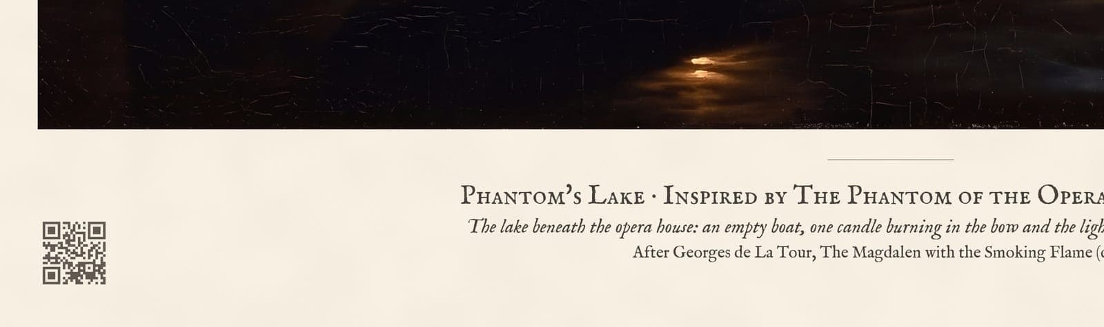 Phantom's Lake: Close-up of the sheet: the caption and the QR code to the story