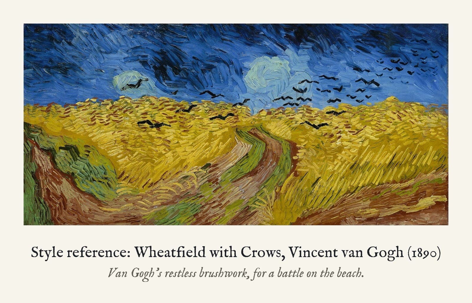 Style reference: Wheatfield with Crows, Vincent van Gogh (1890). Van Gogh's restless brushwork, for a battle on the beach.