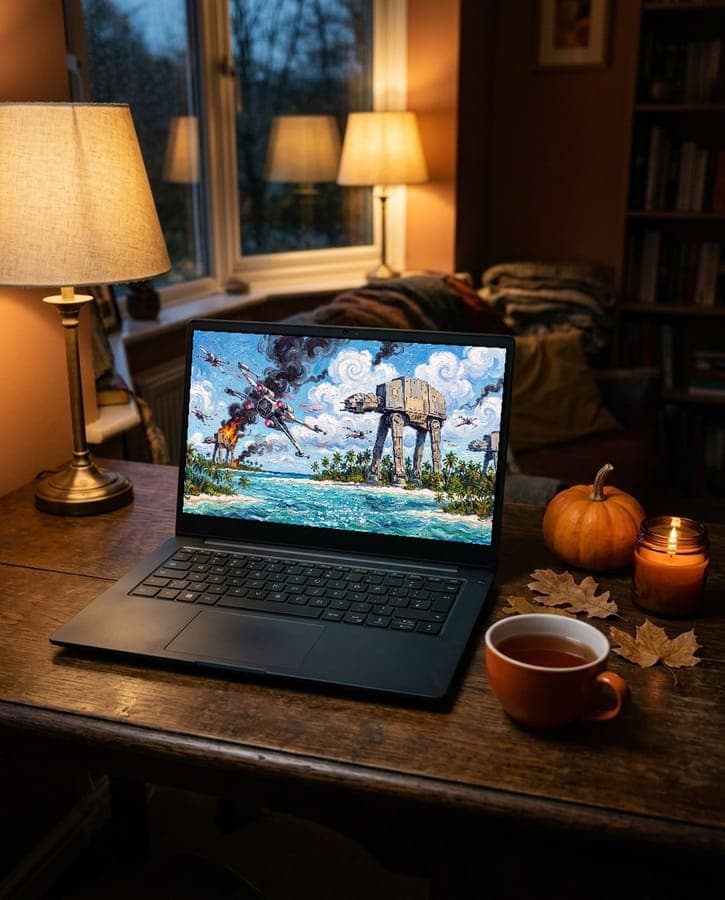 The Battle of Scarif as a desktop wallpaper on a laptop