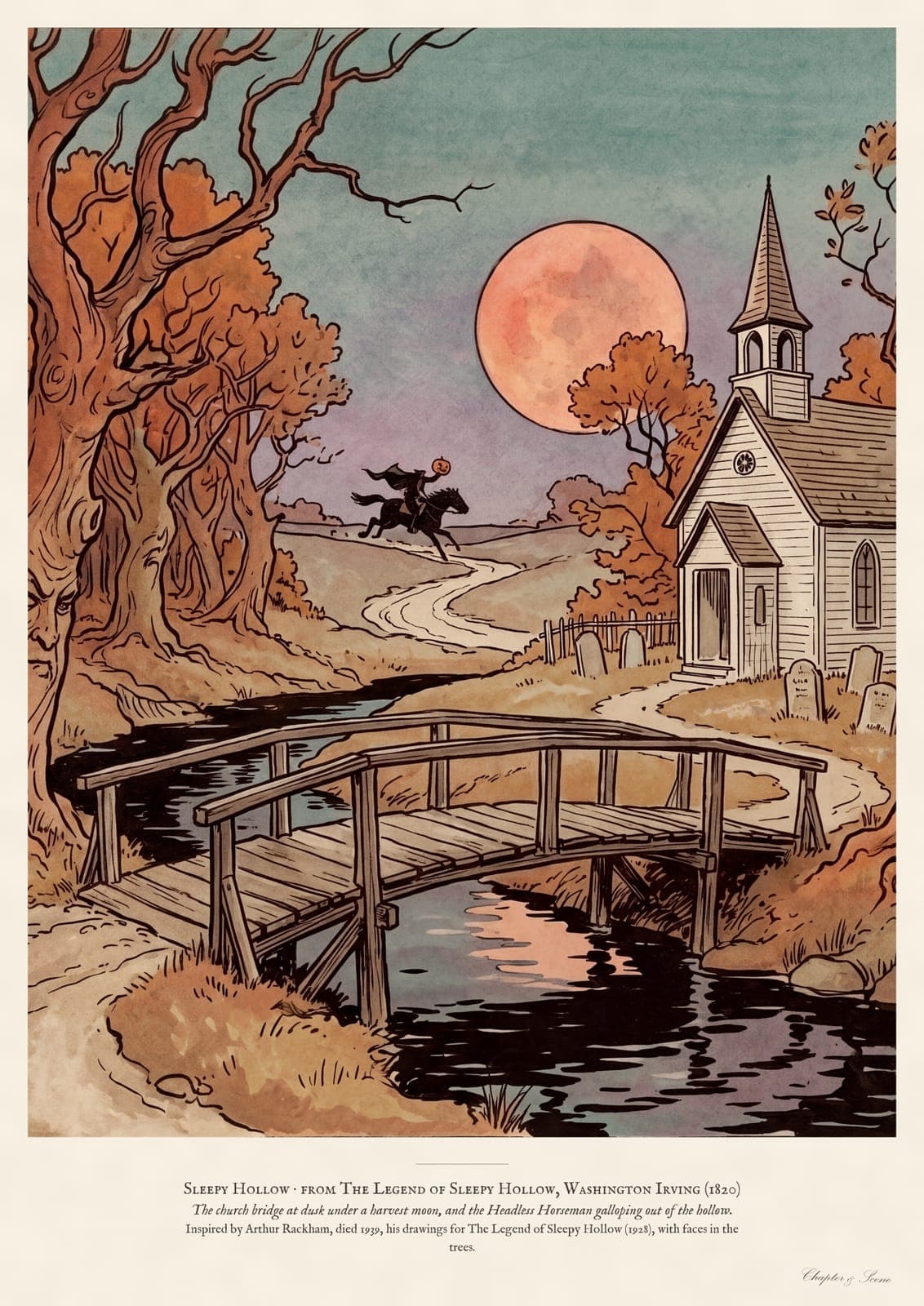 Sleepy Hollow poster print in the style of Arthur Rackham: a stone bridge beside an old Dutch church at dusk among twisted trees, a headless horseman far off on the road, with the title Sleepy Hollow.