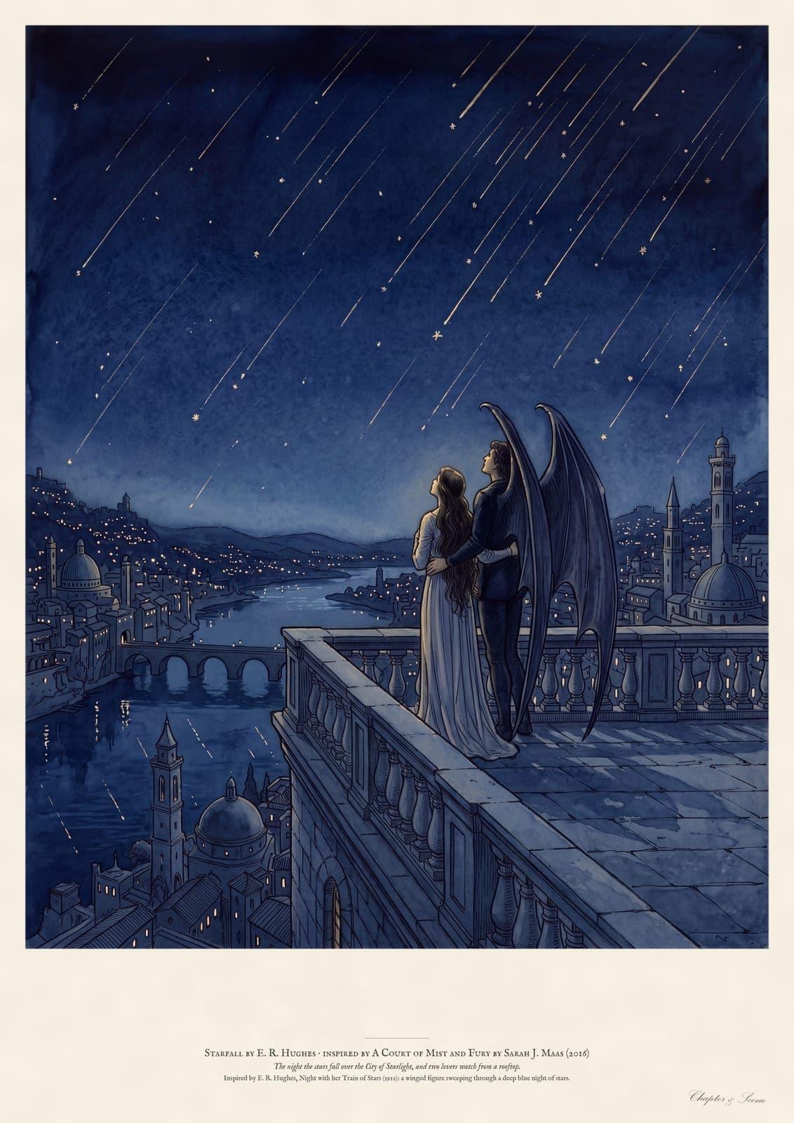 ACOTAR inspired Starfall art print in the style of a Victorian watercolour: two figures seen from behind on a stone rooftop terrace, a woman in a pale gown and a winged man, watching gold falling stars streak across a deep indigo night over a city of warm lights by a river. Shown framed in black, white and natural oak and unframed, A4 and A3.
