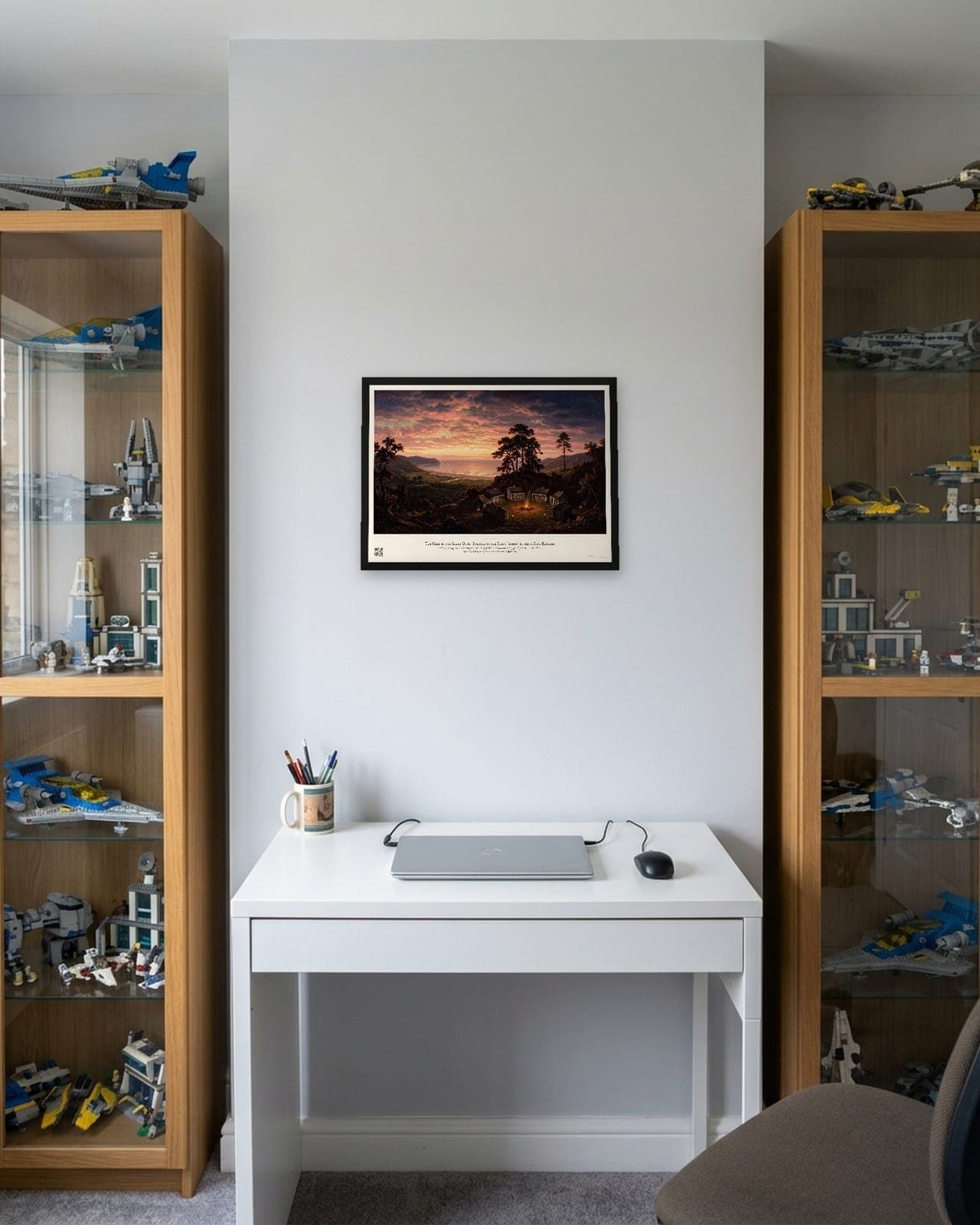 The Camp by the Sea at Dusk: Black frame A3, office with model display cases