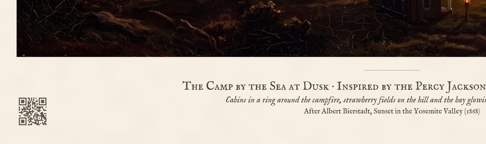 The Camp by the Sea at Dusk: Close-up of the sheet: the caption and the QR code to the story