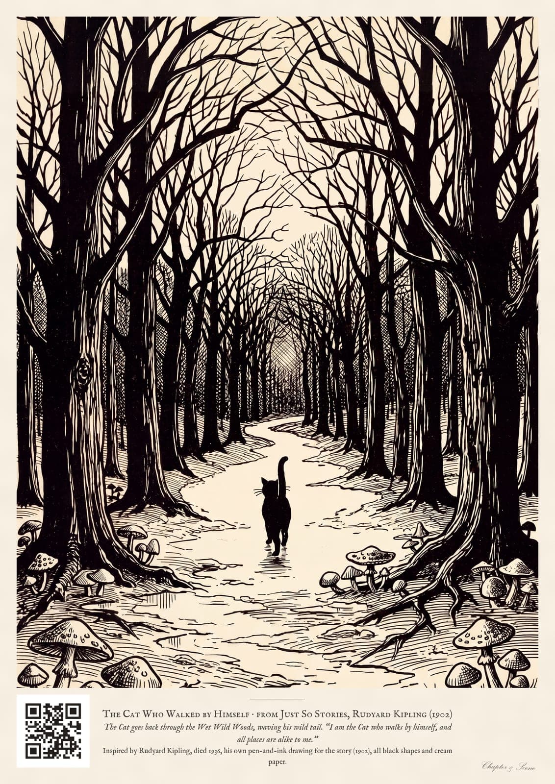 Cat Who Walked by Himself print in black-and-white engraving: a cat walking alone through wet wild woods with his tail waving, with the line I am the Cat who walks by himself beneath.