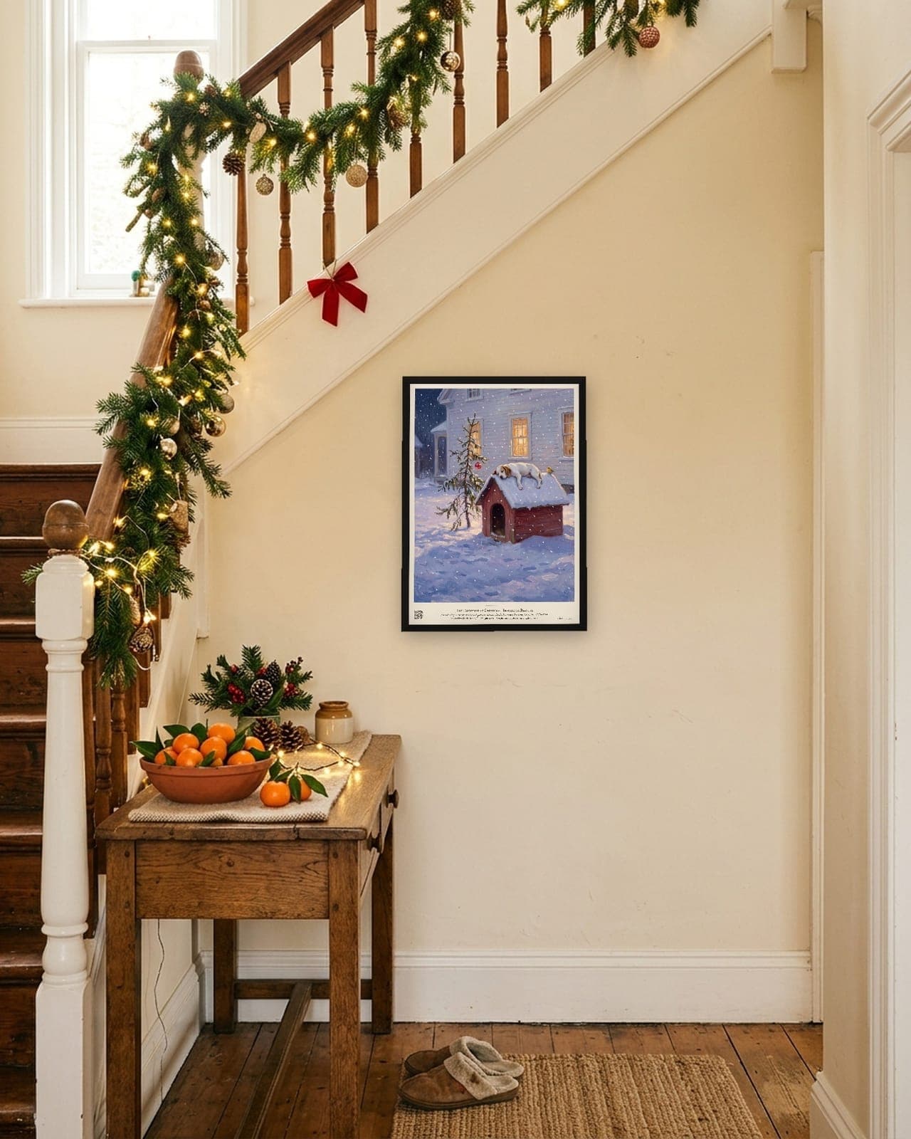 The Doghouse at Christmas: Black frame A3, christmas staircase