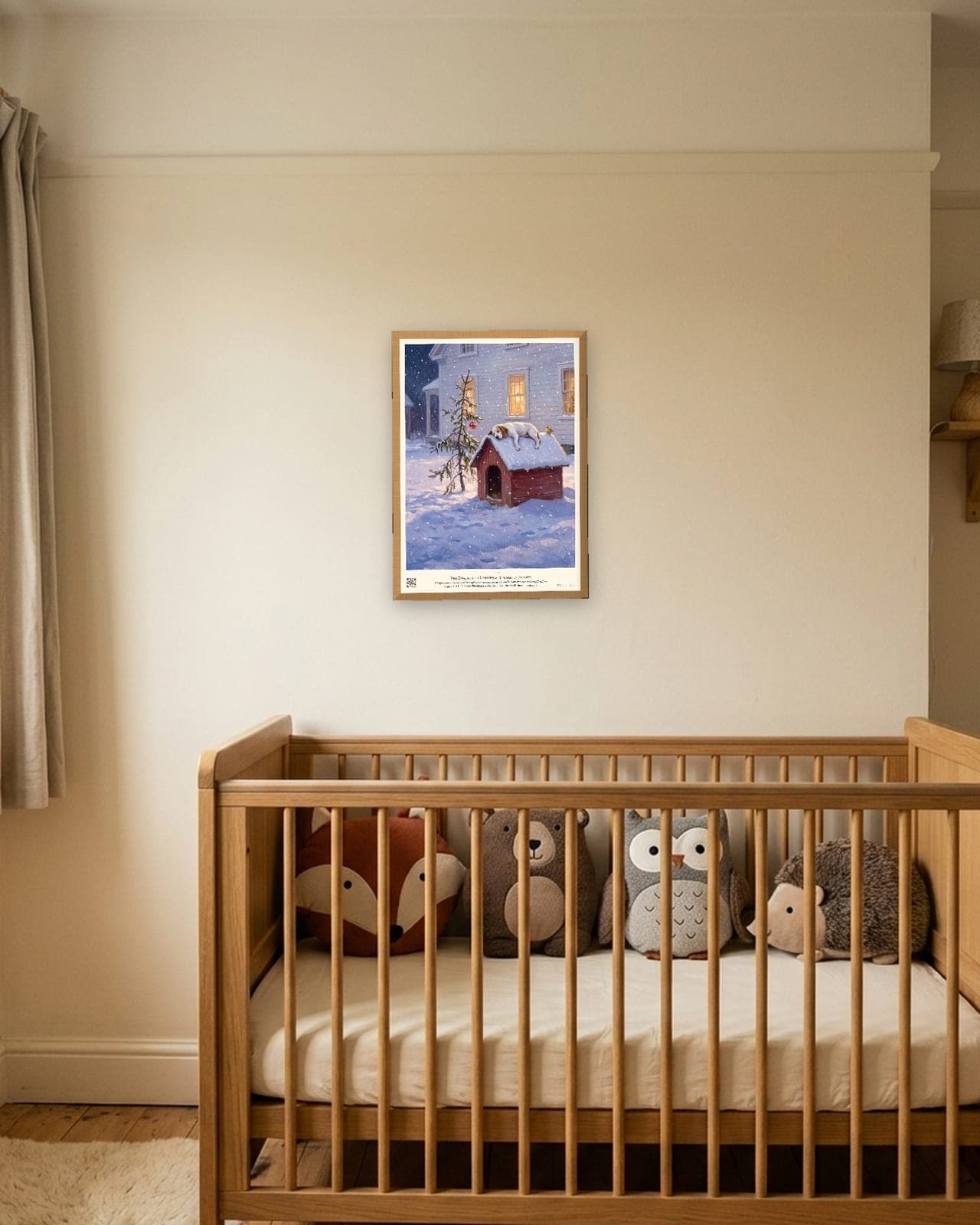 The Doghouse at Christmas: Natural oak frame, A3, woodland nursery