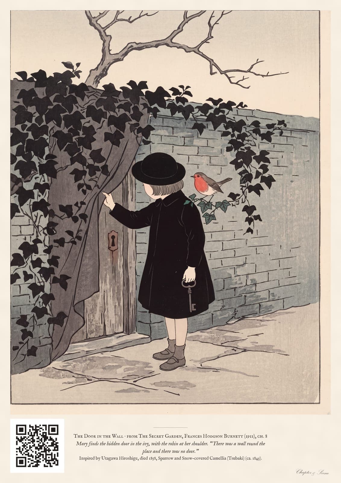Secret Garden art print in soft winter watercolour: a girl in a black coat on a bare path with a robin on the ivy and a rusted key in her hand, the outline of an old door hidden under the leaves of the wall.