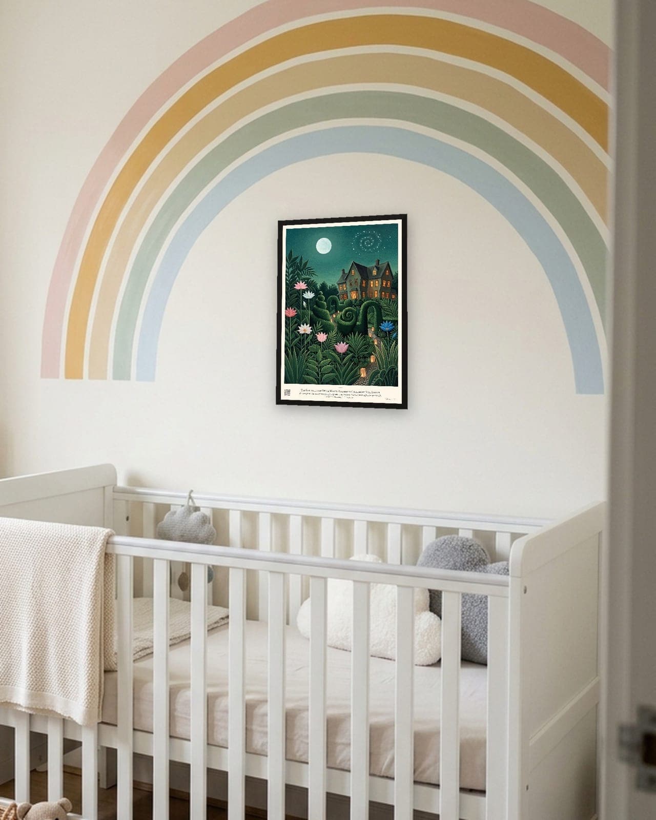 The Garden in the Other World: Black frame A3, rainbow and clouds nursery