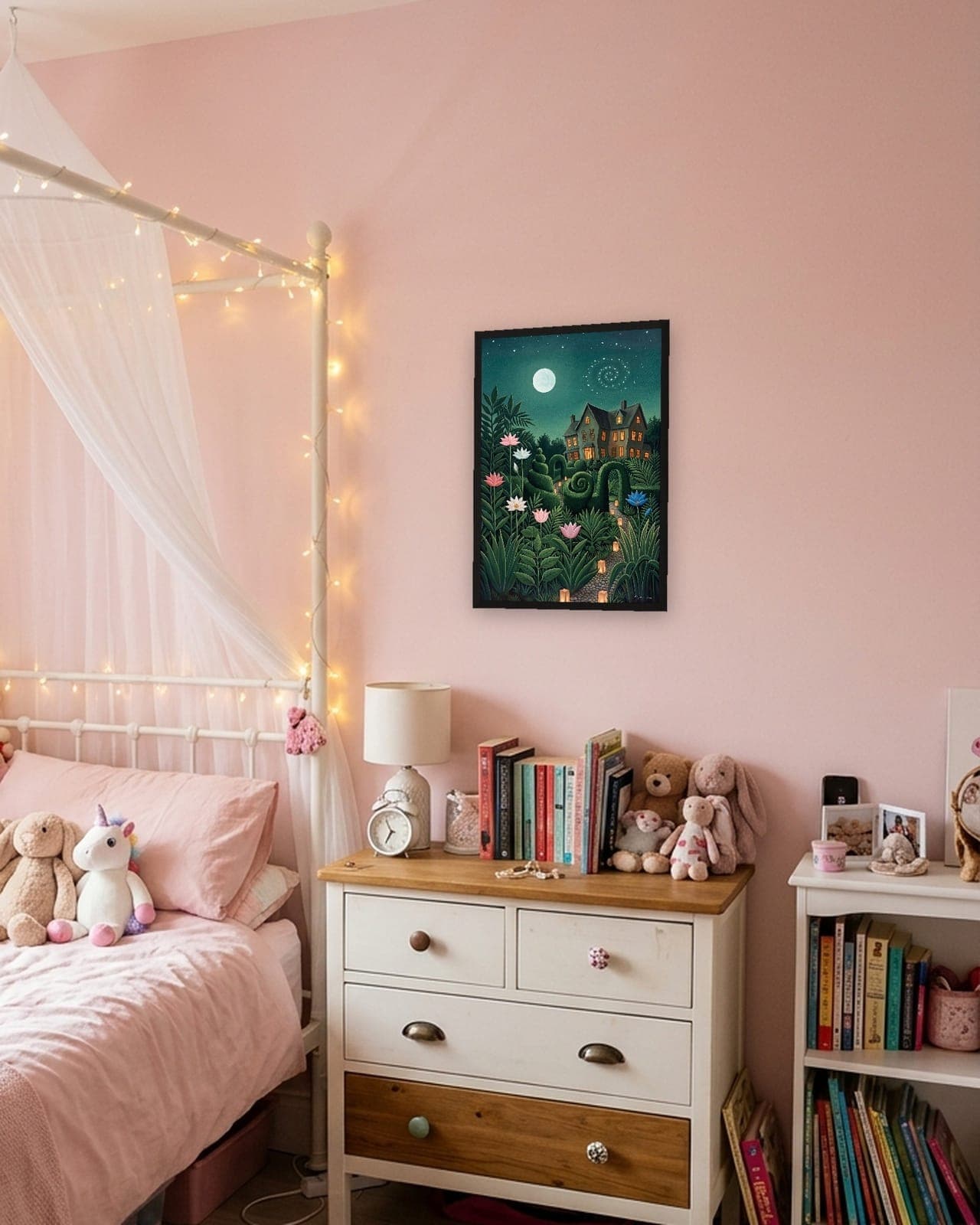 The Garden in the Other World: Black frame A3, girl's pink bedroom, full bleed