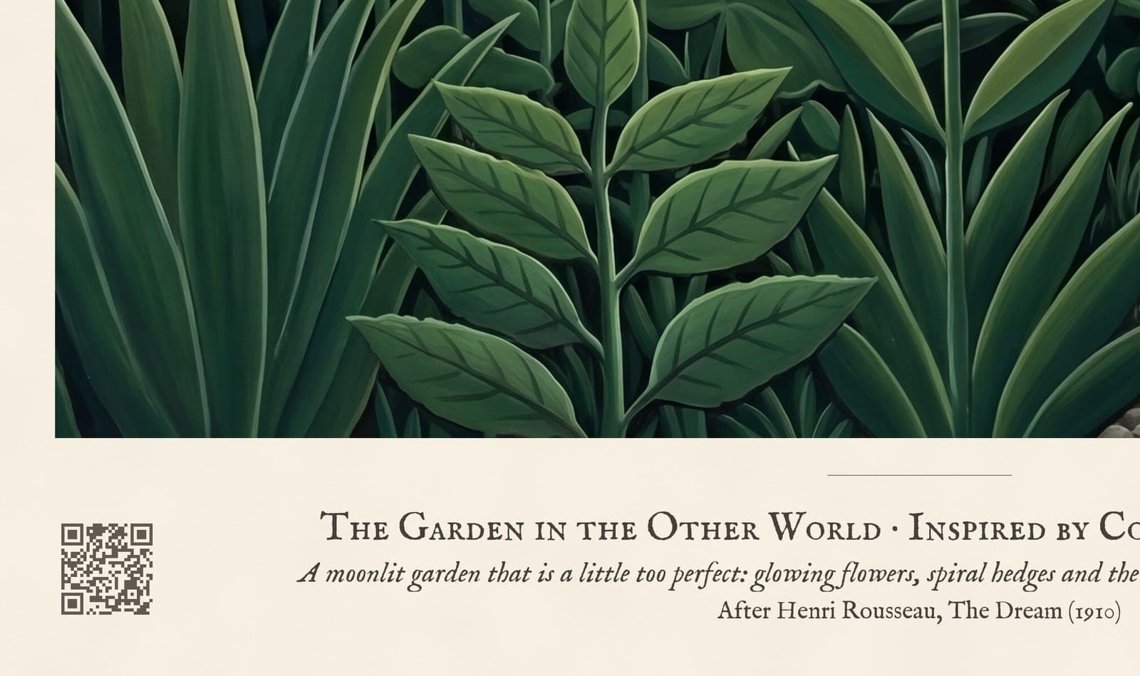 The Garden in the Other World: Close-up of the sheet: the caption and the QR code to the story