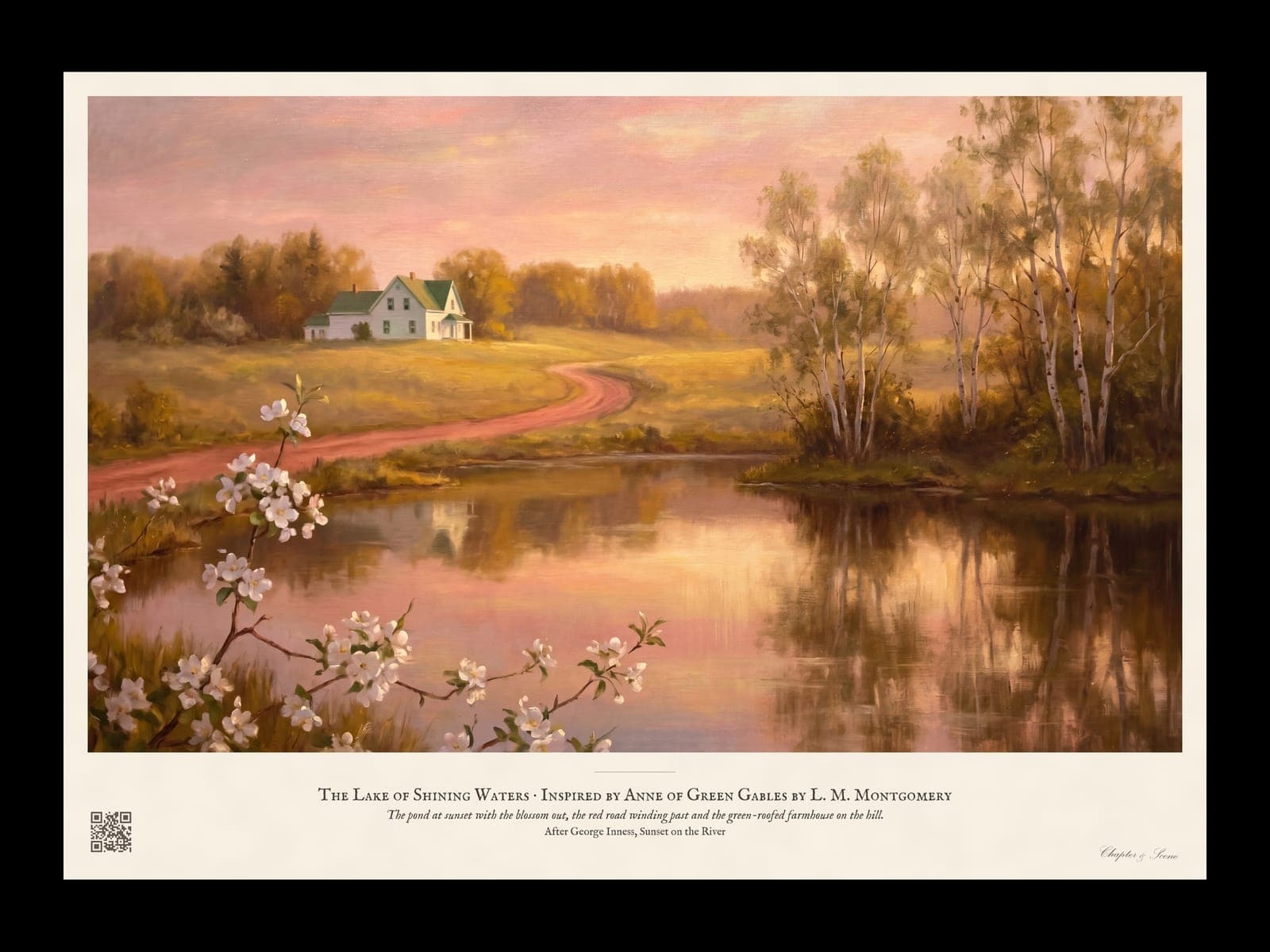 The Lake of Shining Waters art print in the style of a George Inness landscape: a still pond reflecting a pink and gold sunset, a red clay road leading to a white farmhouse with green gables, white birches and a branch of apple blossom.