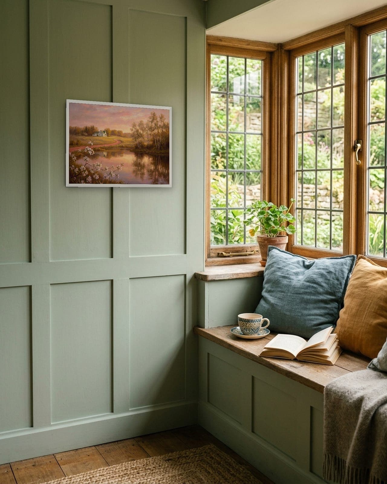 The Lake of Shining Waters: White frame, A3, window seat, panelled wall, full bleed