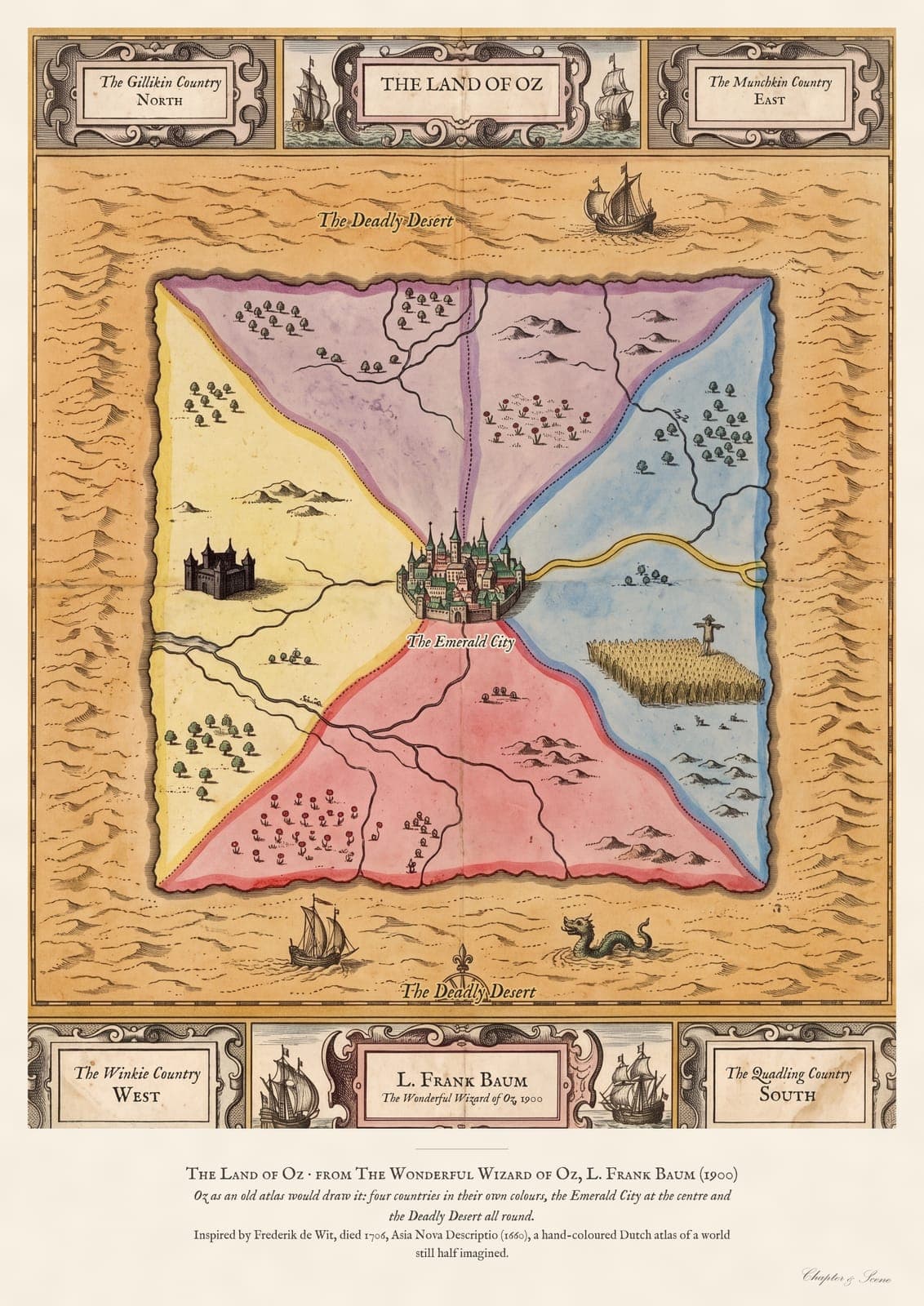 Land of Oz map print as an old Dutch atlas plate: four hand-coloured countries, the Emerald City at the centre, a yellow brick road, a sand desert all round with a sand-ship, a compass rose and a title cartouche reading The Land of Oz.