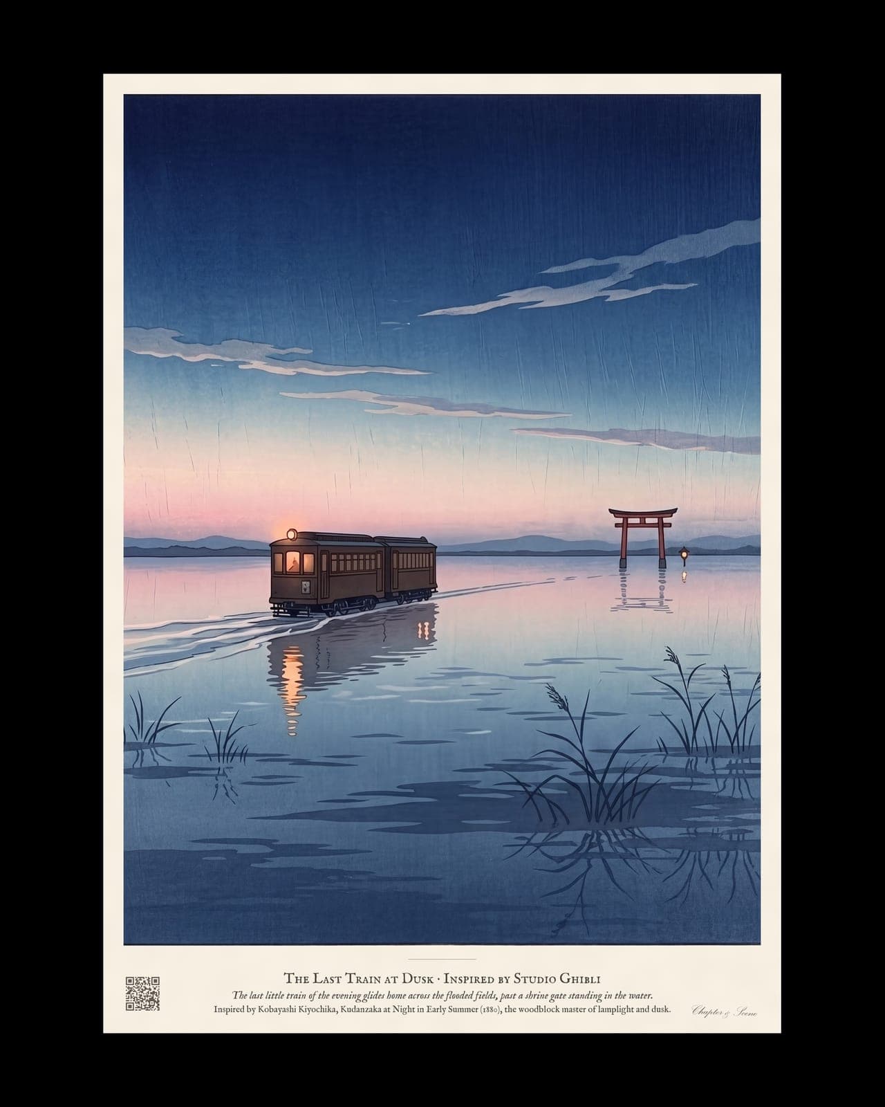 The Last Train at Dusk art print in the style of a Kobayashi Kiyochika night woodblock: a small two-carriage train with a lit window and headlamp crossing a flooded plain under an indigo sky with pink at the horizon, a red shrine gate and lantern far off in the shallows, reeds in the foreground.