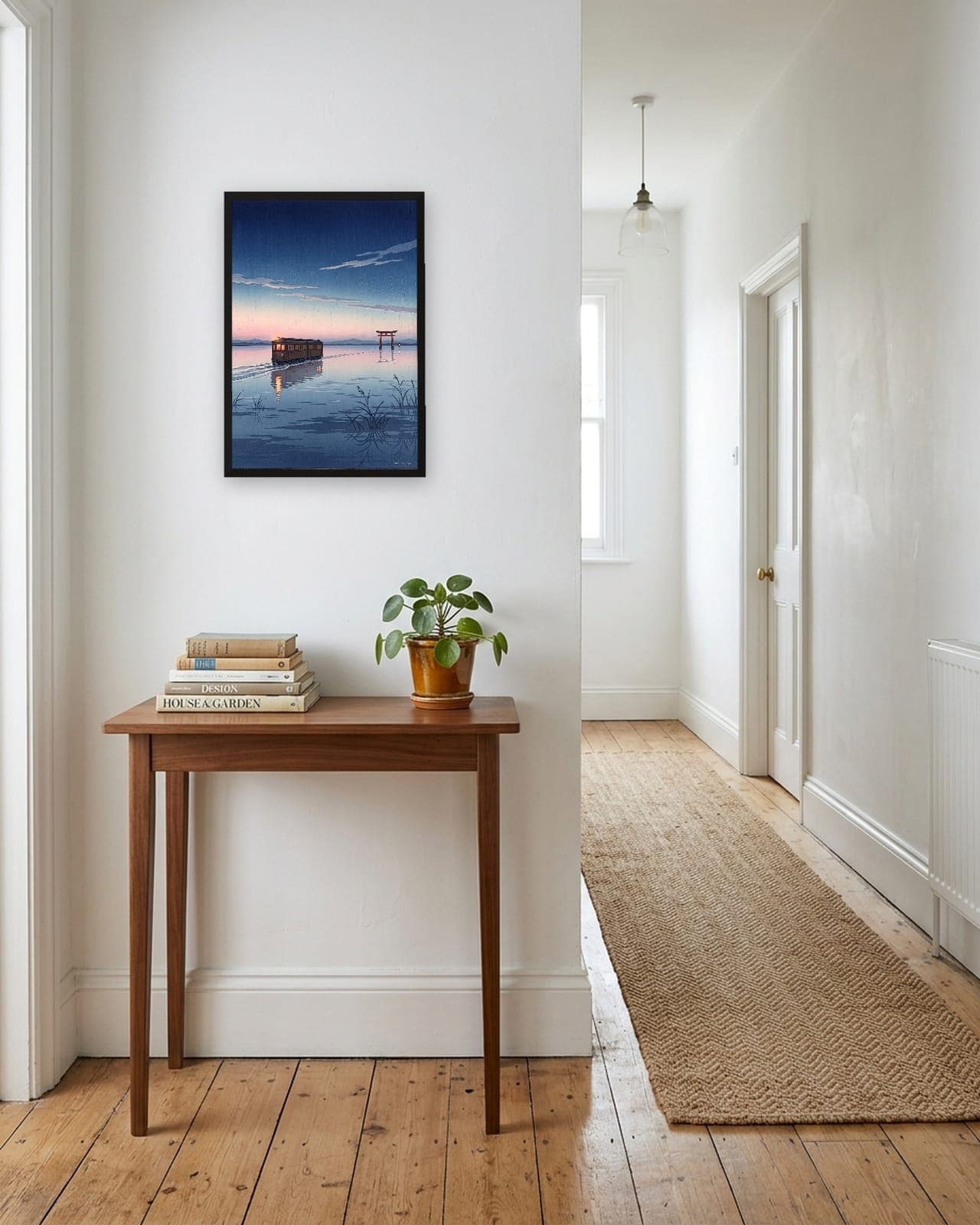 The Last Train at Dusk: Black frame A3, bright hallway, full bleed